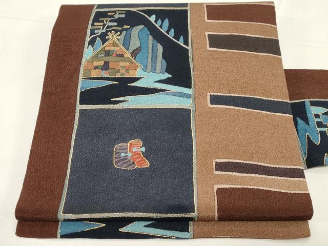 平和屋着物●全通柄九寸名古屋帯　風景文　金彩　鬼しぼ縮緬　正絹　逸品　CABE3731dy