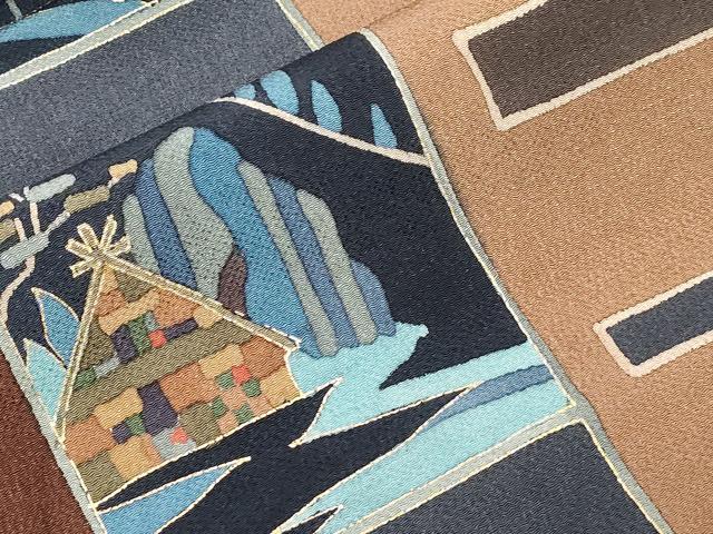 平和屋着物●全通柄九寸名古屋帯　風景文　金彩　鬼しぼ縮緬　正絹　逸品　CABE3731dy