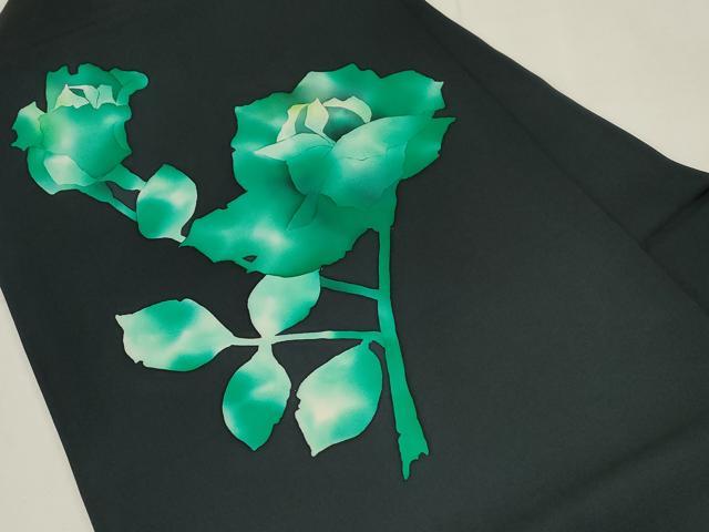 平和屋着物●塩瀬　九寸名古屋帯　ろうけつ染め　草花文　黒地　正絹　逸品　CABE3736dy