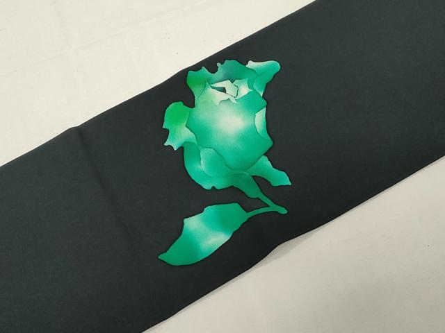 平和屋着物●塩瀬　九寸名古屋帯　ろうけつ染め　草花文　黒地　正絹　逸品　CABE3736dy