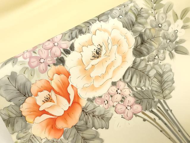 平和屋着物●塩瀬　九寸名古屋帯　手描き　草花文　正絹　逸品　未使用　CABE3737dy