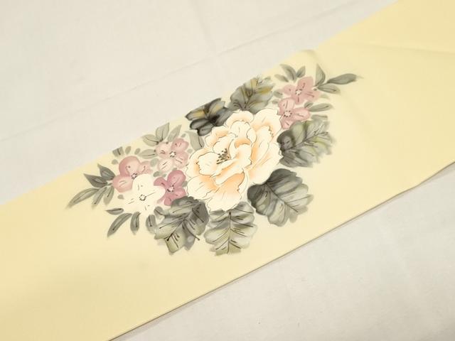 平和屋着物●塩瀬　九寸名古屋帯　手描き　草花文　正絹　逸品　未使用　CABE3737dy