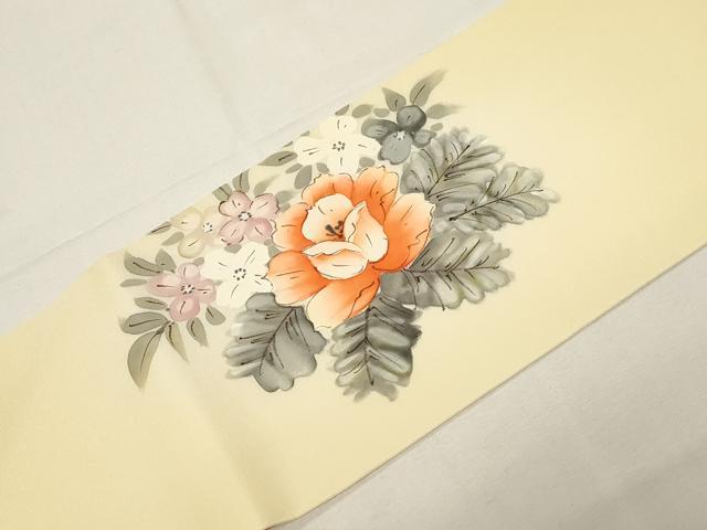 平和屋着物●塩瀬　九寸名古屋帯　手描き　草花文　正絹　逸品　未使用　CABE3737dy