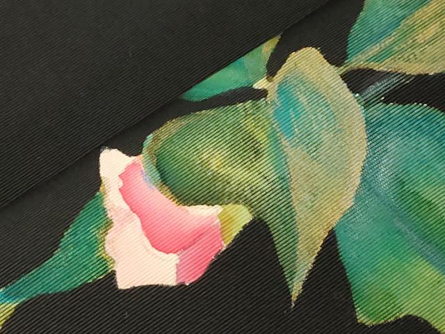 平和屋着物●加賀友禅の巨匠　初代　由水十久　塩瀬　九寸名古屋帯　手描き　草花文　黒地　金彩　正絹　逸品　CABE3738dy