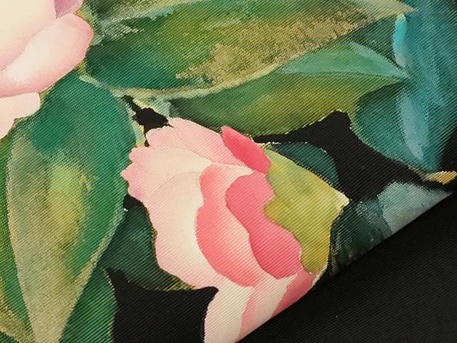 平和屋着物●加賀友禅の巨匠　初代　由水十久　塩瀬　九寸名古屋帯　手描き　草花文　黒地　金彩　正絹　逸品　CABE3738dy