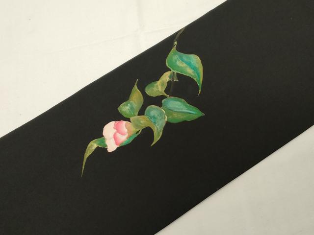 平和屋着物●加賀友禅の巨匠　初代　由水十久　塩瀬　九寸名古屋帯　手描き　草花文　黒地　金彩　正絹　逸品　CABE3738dy