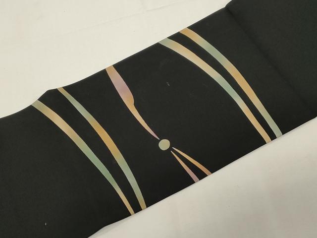 平和屋着物●塩瀬　九寸名古屋帯　幾何学文　黒地　正絹　逸品　CABE3742dy