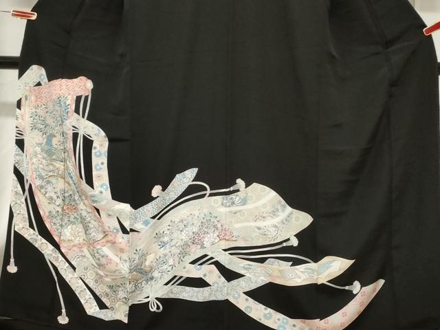 平和屋着物■豪華黒留袖　手描き　駒刺繍　絵巻尾長鳥花文　金彩　正絹　逸品　CABE3853dy