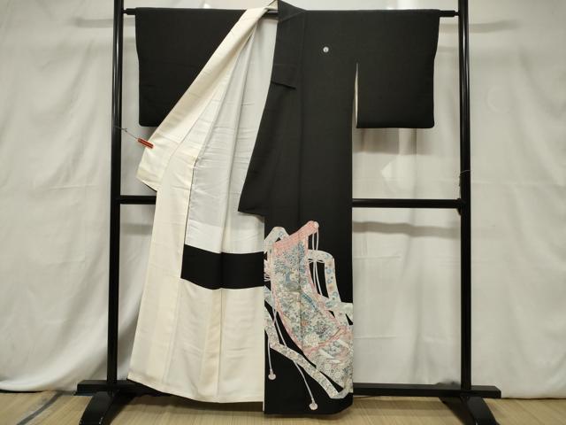 平和屋着物■豪華黒留袖　手描き　駒刺繍　絵巻尾長鳥花文　金彩　正絹　逸品　CABE3853dy