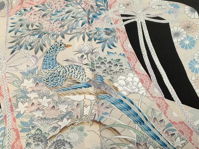平和屋着物■豪華黒留袖　手描き　駒刺繍　絵巻尾長鳥花文　金彩　正絹　逸品　CABE3853dy