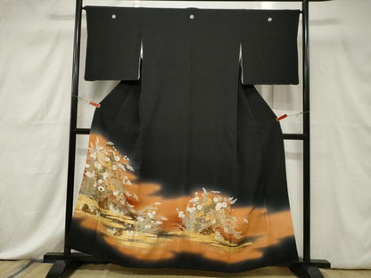 平和屋着物■豪華黒留袖 刺繍 草花文 暈し染め 金彩 正絹 逸品 CABE3864dy