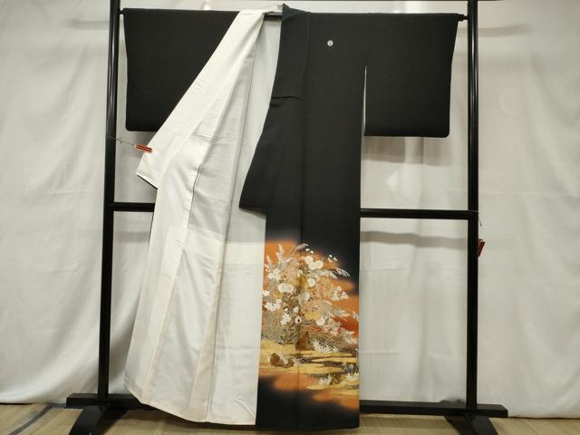 平和屋着物■豪華黒留袖 刺繍 草花文 暈し染め 金彩 正絹 逸品 CABE3864dy