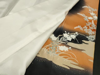 平和屋着物■豪華黒留袖 刺繍 草花文 暈し染め 金彩 正絹 逸品 CABE3864dy