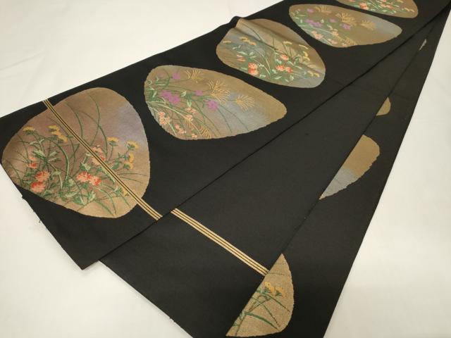平和屋着物◎全通柄袋帯 草花文 黒地 金銀糸 正絹 逸品 CABE3895dy
