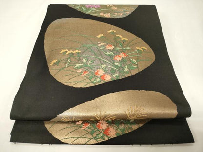 平和屋着物◎全通柄袋帯 草花文 黒地 金銀糸 正絹 逸品 CABE3895dy