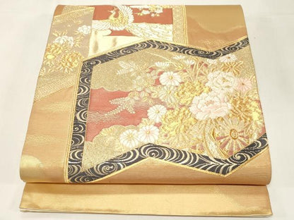 平和屋着物◎太鼓柄袋帯 屏風孔雀花文 金糸 引箔 正絹 逸品 CABE3914dy
