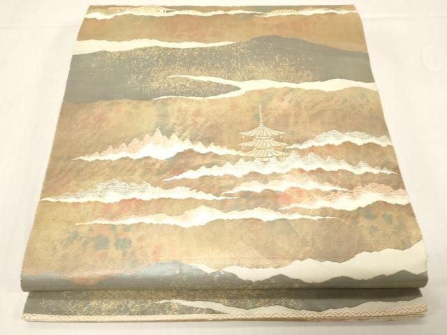平和屋着物◎西陣 服部織物謹製 六通柄袋帯 こはく錦 手工芸 風景文 金糸 引箔 正絹 逸品 CABE3933dy