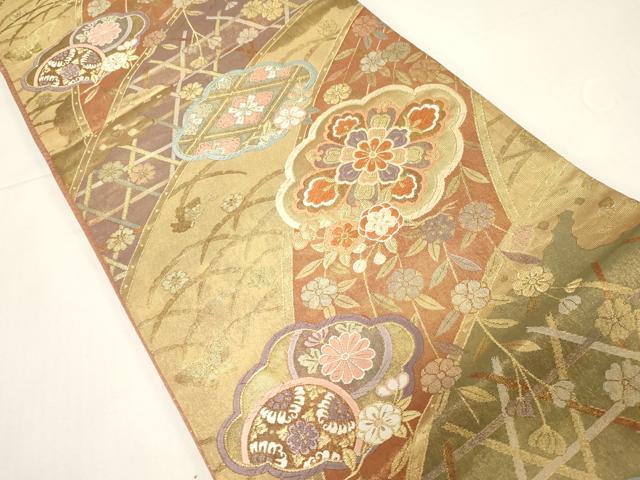 平和屋着物◎両面 六通柄袋帯 唐織 慶長重ね 井桁端華文 金糸 正絹 逸品 CABE3955dy