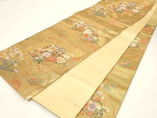 平和屋着物◎六通柄袋帯 唐織 桧扇吉祥蒔絵紋 絵巻 金糸 正絹 逸品 CABE3965dy