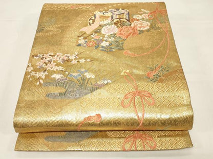 平和屋着物◎六通柄袋帯 唐織 桧扇吉祥蒔絵紋 絵巻 金糸 正絹 逸品 CABE3965dy