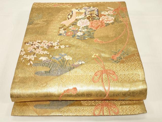 平和屋着物◎六通柄袋帯 唐織 桧扇吉祥蒔絵紋 絵巻 金糸 正絹 逸品 CABE3965dy