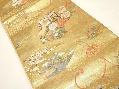平和屋着物◎六通柄袋帯 唐織 桧扇吉祥蒔絵紋 絵巻 金糸 正絹 逸品 CABE3965dy