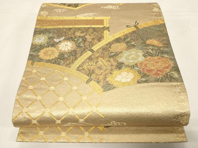 平和屋着物◎六通柄袋帯 地紙草花文 金銀糸 正絹 逸品 CABE3970dy