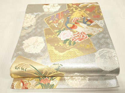 平和屋着物◎六通柄袋帯 色紙重ね孔雀花文 金銀糸 正絹 逸品 CABE3977dy