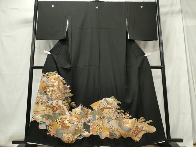 平和屋着物■豪華黒留袖　駒刺繍　扇面吉祥花文　金銀彩　正絹　逸品　CABE4018ou