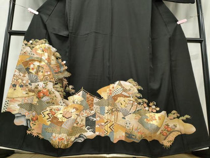 平和屋着物■豪華黒留袖　駒刺繍　扇面吉祥花文　金銀彩　正絹　逸品　CABE4018ou