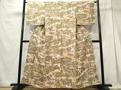 平和屋着物■上質な小紋 人物風景文 暈し染め 鬼しぼ縮緬 正絹 逸品 未使用 CABE4048ou