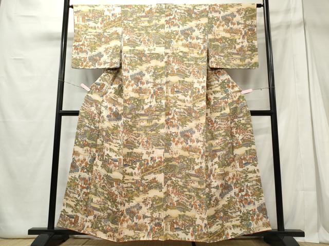 平和屋着物■上質な小紋 人物風景文 暈し染め 鬼しぼ縮緬 正絹 逸品 未使用 CABE4048ou
