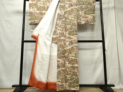 平和屋着物■上質な小紋 人物風景文 暈し染め 鬼しぼ縮緬 正絹 逸品 未使用 CABE4048ou