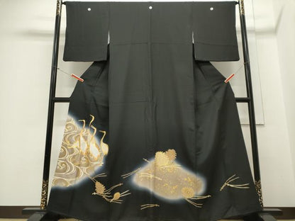 平和屋着物■豪華黒留袖 駒刺繍 流水休み鳥松文 松ぼっくり 暈し染め 金彩 正絹 逸品 CABE4094ou