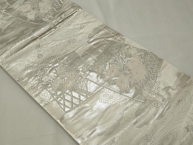 平和屋着物◎六通柄袋帯 色紙重ね吉祥花文 銀糸 正絹 逸品 CABE4113ou