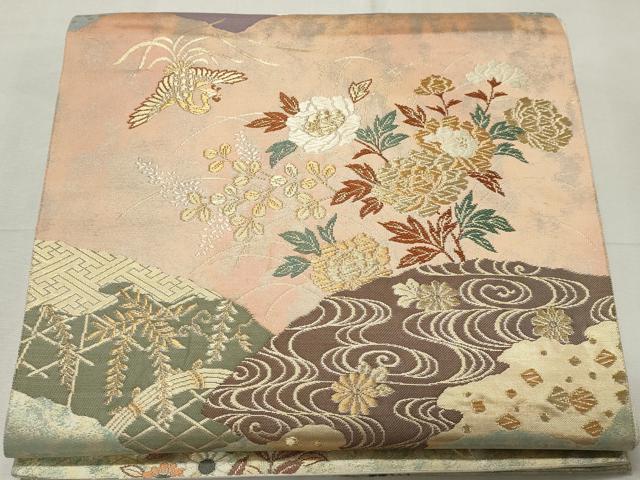 平和屋着物◎六通柄袋帯 唐織 飛鳥舞蝶文 金糸 引箔 正絹 逸品 CABE4123ou