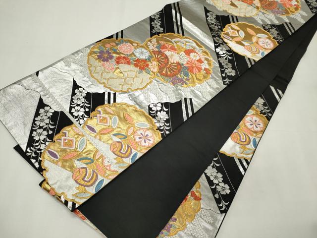 平和屋着物◎六通柄袋帯 唐織 雪輪花文 黒地 金銀糸 正絹 逸品 CABE4138ou