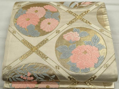 平和屋着物◎六通柄袋帯 唐織 格子草花丸文 金糸 やまとオリジナル 正絹 逸品 CABE4334ou
