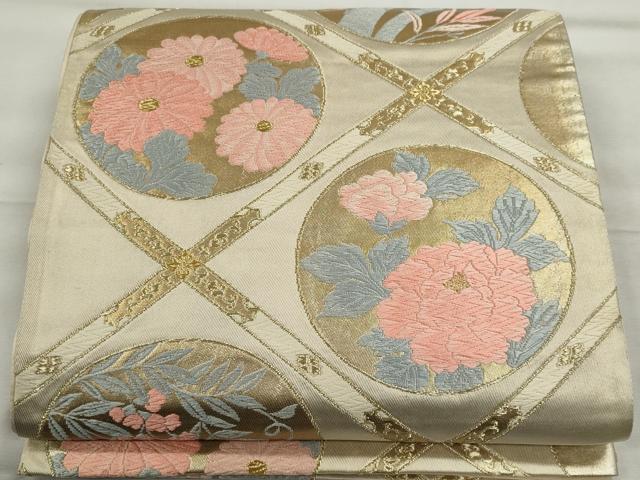 平和屋着物◎六通柄袋帯 唐織 格子草花丸文 金糸 やまとオリジナル 正絹 逸品 CABE4334ou