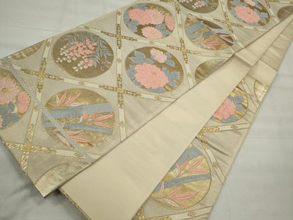 平和屋着物◎六通柄袋帯 唐織 格子草花丸文 金糸 やまとオリジナル 正絹 逸品 CABE4334ou