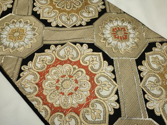 平和屋着物◎六通柄 本袋帯 唐織 正倉院花文 黒地 金糸 正絹 逸品 CABE4339ou
