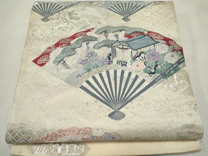 平和屋着物◎西陣 とみや織物謹製 とみや帯 六通柄袋帯 京洛彩扇 プラチナ 証紙付き 正絹 逸品 CABE4350ou