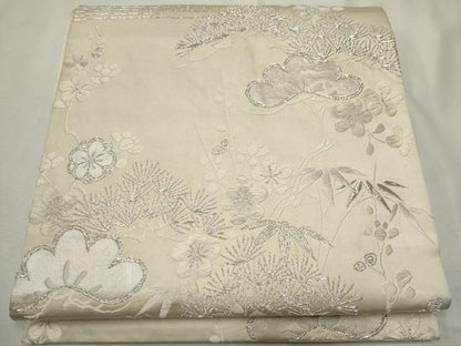 平和屋着物◎太鼓柄袋帯 草花文 銀糸 正絹 逸品 CABE4369ou