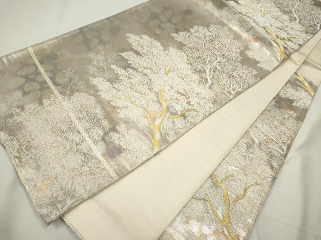 平和屋着物＊夏物　六通柄袋帯　玉すだれ　枝葉文　銀糸　正絹　逸品　DABD6723cm 平和屋着物＊夏物 六通柄袋帯 玉すだれ 枝葉文 銀糸 正絹 逸品
