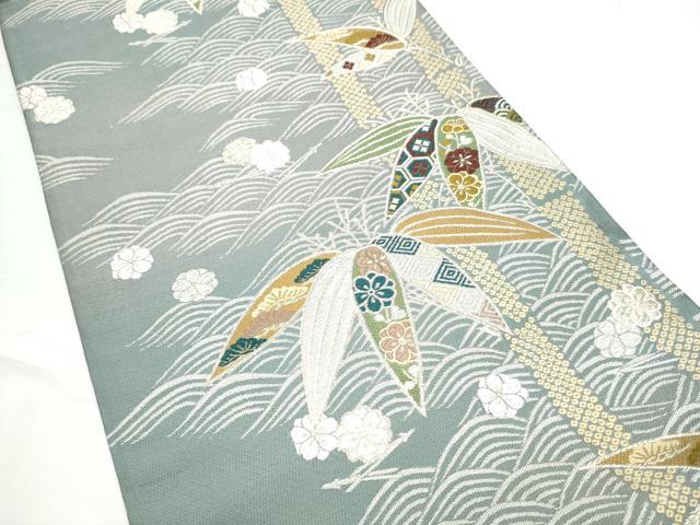 平和屋着物●両面　全通柄袋帯　唐織　笹竹吉祥花文　寿字文　銀糸　正絹　逸品　CABE4428hy