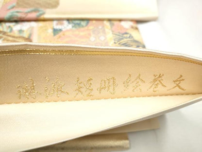 平和屋着物●六通柄袋帯　唐織　琳派短冊絵巻文　金糸　正絹　逸品　CABE4438hy