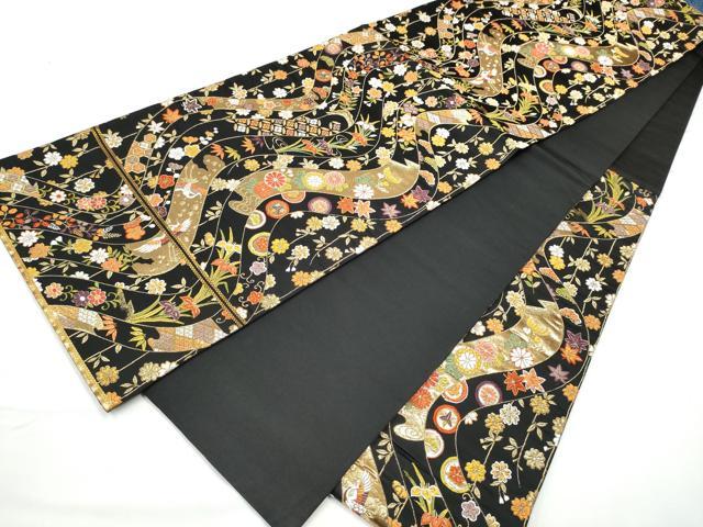 平和屋着物●六通柄袋帯　唐織　飛鶴草花文　黒地　金糸　正絹　逸品　CABE4463hy