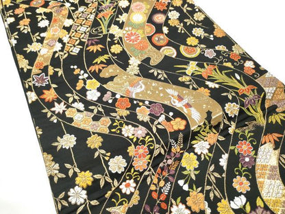 平和屋着物●六通柄袋帯　唐織　飛鶴草花文　黒地　金糸　正絹　逸品　CABE4463hy
