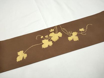 平和屋着物●塩瀬　九寸名古屋帯　作家物　刺繍　蔦の葉文　金彩　正絹　逸品　CABE4474hy
