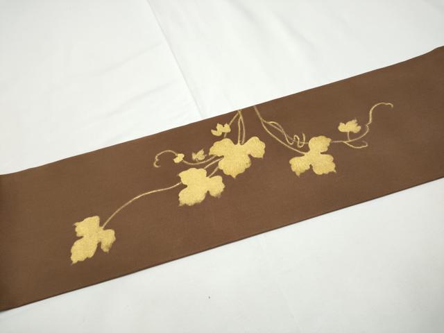 平和屋着物●塩瀬　九寸名古屋帯　作家物　刺繍　蔦の葉文　金彩　正絹　逸品　CABE4474hy